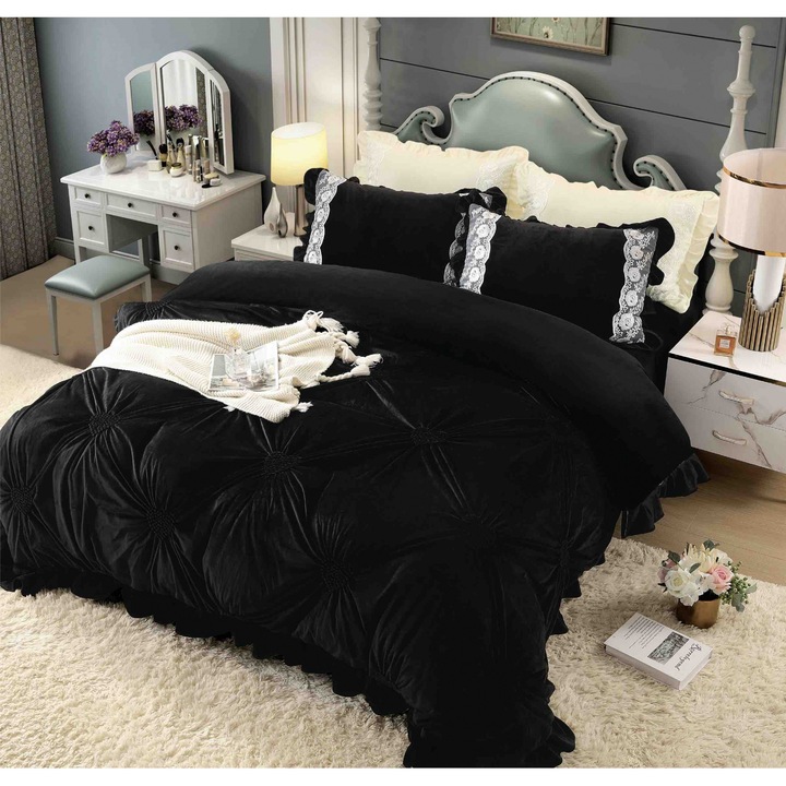 Set Lenjerie pat Catifea JOJO HOME Negru 4 Piese 200x230cm, 230x250cm, 50x70cm x2