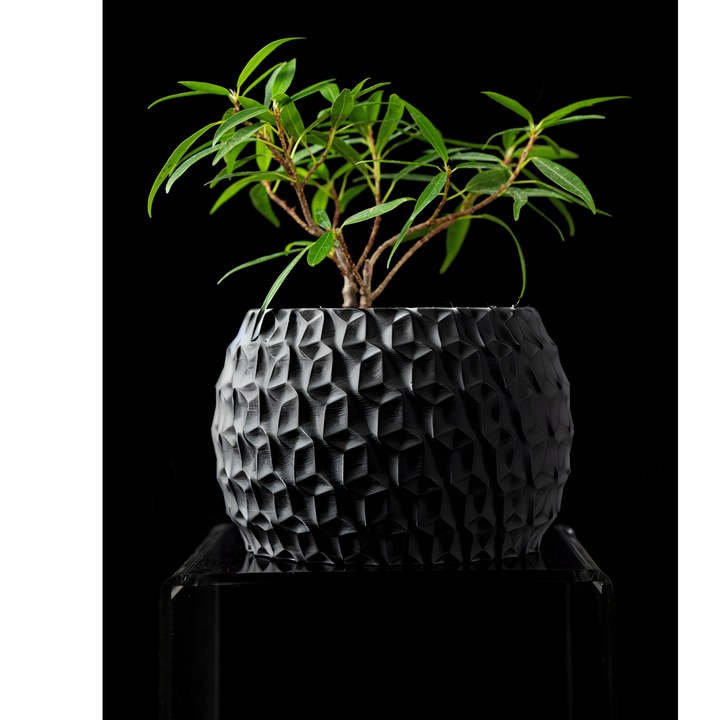 3D Антична Премиум Кръгла Саксия за Цветя 15 x 10.5 см, Черен Цвят