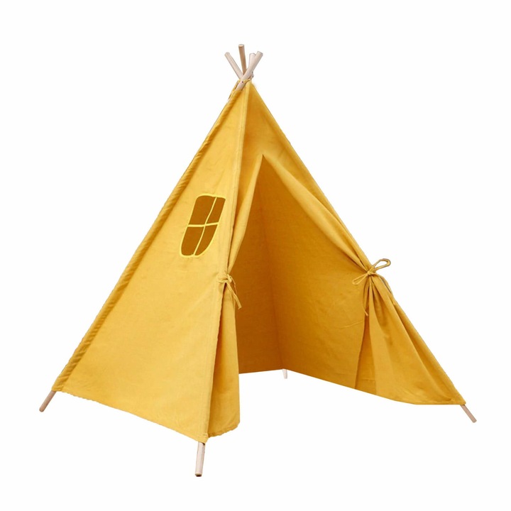 Cort copii Teepee 120x120x160 cm, Domarex, cu fereastra, 4 stalpi, miodie