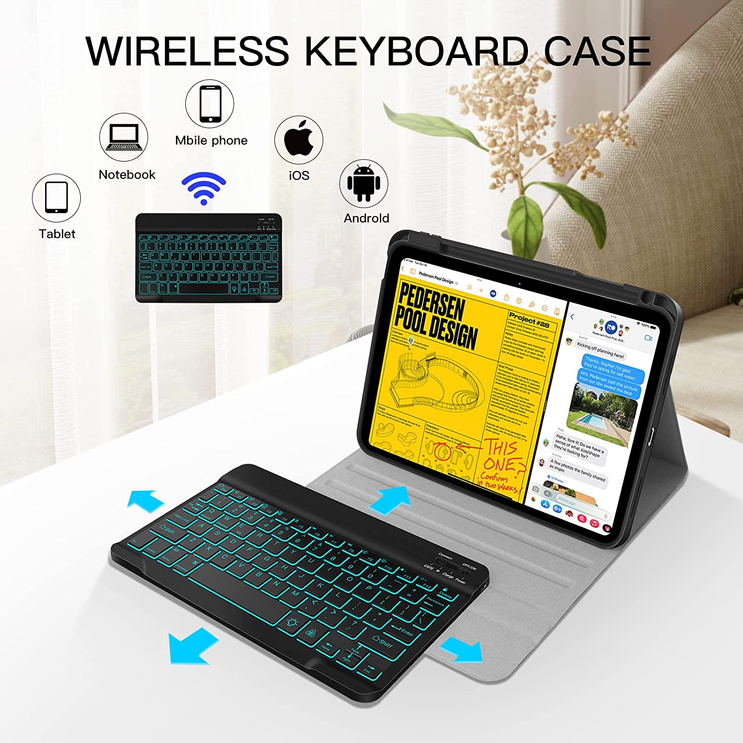 Husa cu tastatura iluminata wireless pentru iPad 11 2025, iPad 10 2022 negru