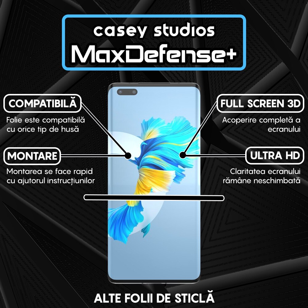 Folie Sticla CASEY STUDIOS™ compatibila cu Huawei Mate 40 Pro, Full Cover 3D, Full Glue, Duritate Militara, Ultra HD, Anti Zgarieturi, Anti Socuri, Margini Negre