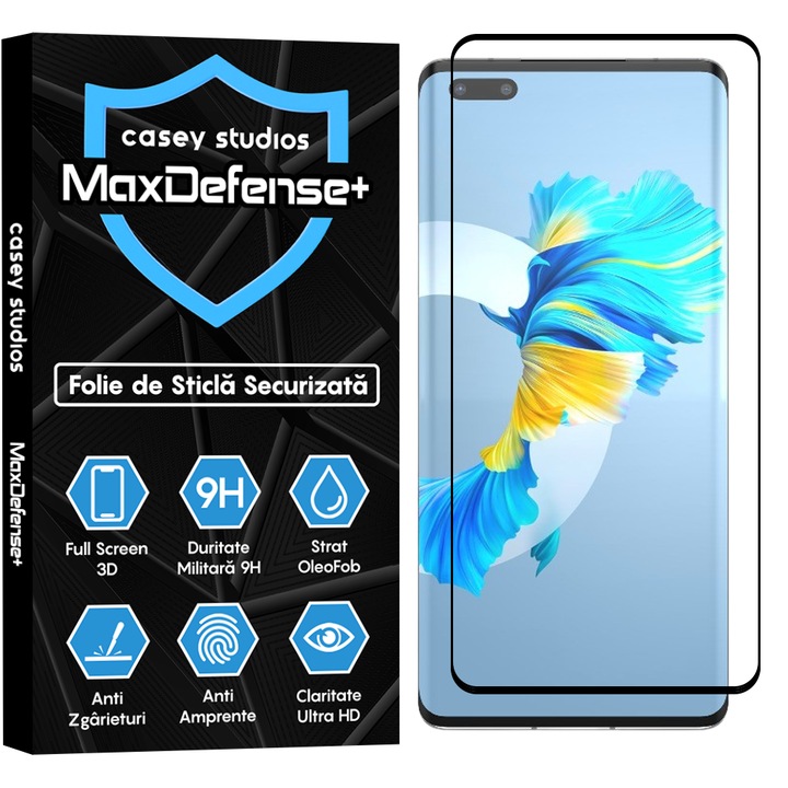 Folie Sticla CASEY STUDIOS™ compatibila cu Huawei Mate 40 Pro, Full Cover 3D, Full Glue, Duritate Militara, Ultra HD, Anti Zgarieturi, Anti Socuri, Margini Negre