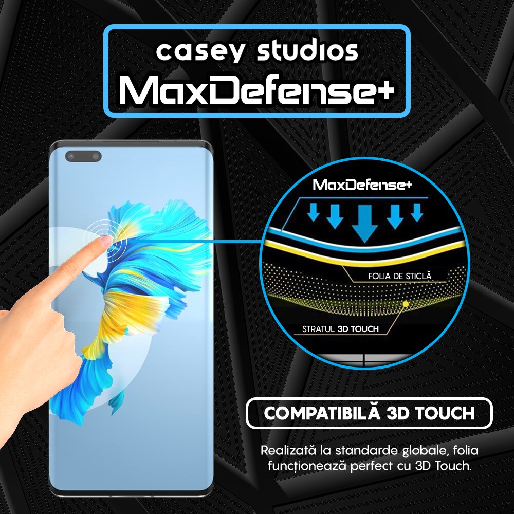 Folie Sticla CASEY STUDIOS™ compatibila cu Huawei Mate 40 Pro, Full Cover 3D, Full Glue, Duritate Militara, Ultra HD, Anti Zgarieturi, Anti Socuri, Margini Negre