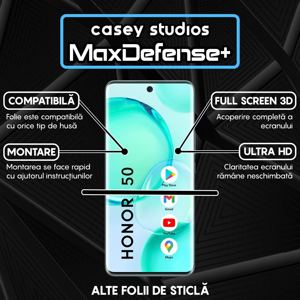 Folie Sticla CASEY STUDIOS™ compatibila cu Honor 50 / Huawei nova 9, Duritate Militara, Ultra HD, Anti Zgarieturi, Anti Socuri, Margini Negre