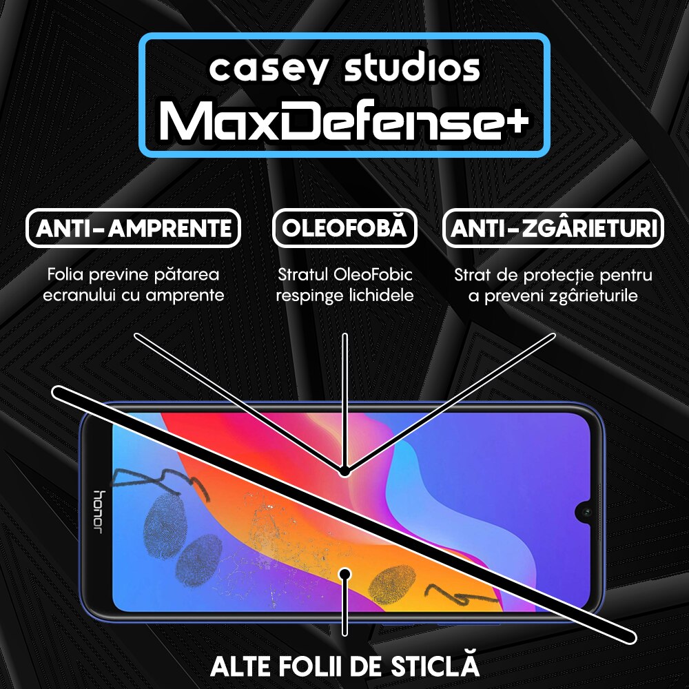 Folie Sticla CASEY STUDIOS™ compatibila cu Huawei Y6 2019 / Y6 Pro 2019 / Y6p / Honor 8A 2020, Full Cover 3D, Full Glue, Duritate Militara, Ultra HD, Anti Zgarieturi, Anti Socuri, Margini Negre