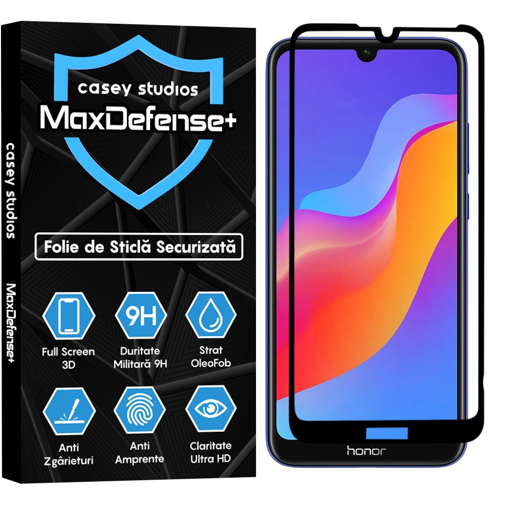 Folie Sticla CASEY STUDIOS™ compatibila cu Huawei Y6 2019 / Y6 Pro 2019 / Y6p / Honor 8A 2020, Full Cover 3D, Full Glue, Duritate Militara, Ultra HD, Anti Zgarieturi, Anti Socuri, Margini Negre