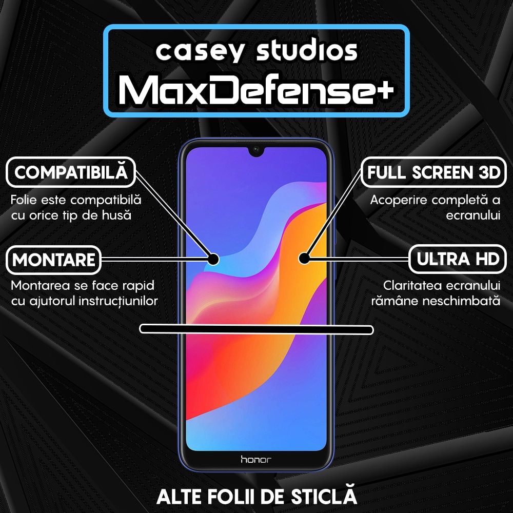 Folie Sticla CASEY STUDIOS™ compatibila cu Huawei Y6 2019 / Y6 Pro 2019 / Y6p / Honor 8A 2020, Full Cover 3D, Full Glue, Duritate Militara, Ultra HD, Anti Zgarieturi, Anti Socuri, Margini Negre