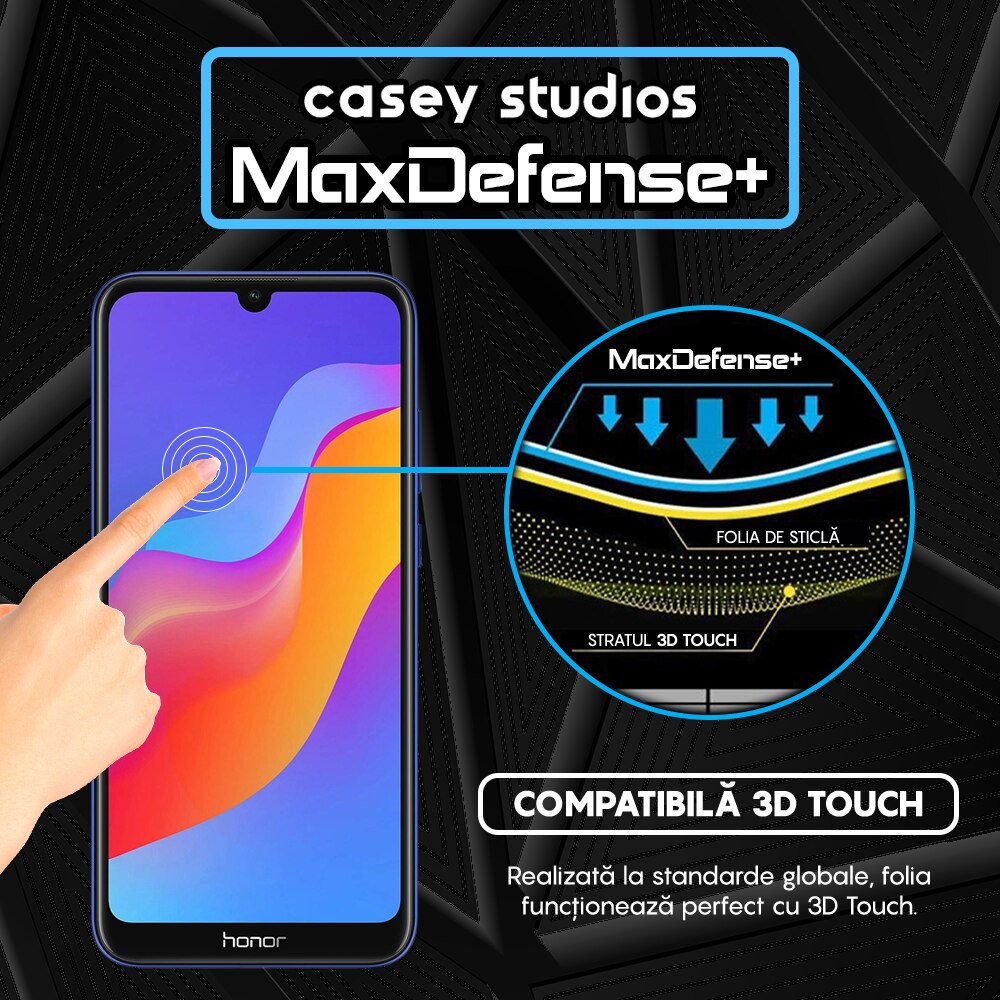 Folie Sticla CASEY STUDIOS™ compatibila cu Huawei Y6 2019 / Y6 Pro 2019 / Y6p / Honor 8A 2020, Full Cover 3D, Full Glue, Duritate Militara, Ultra HD, Anti Zgarieturi, Anti Socuri, Margini Negre