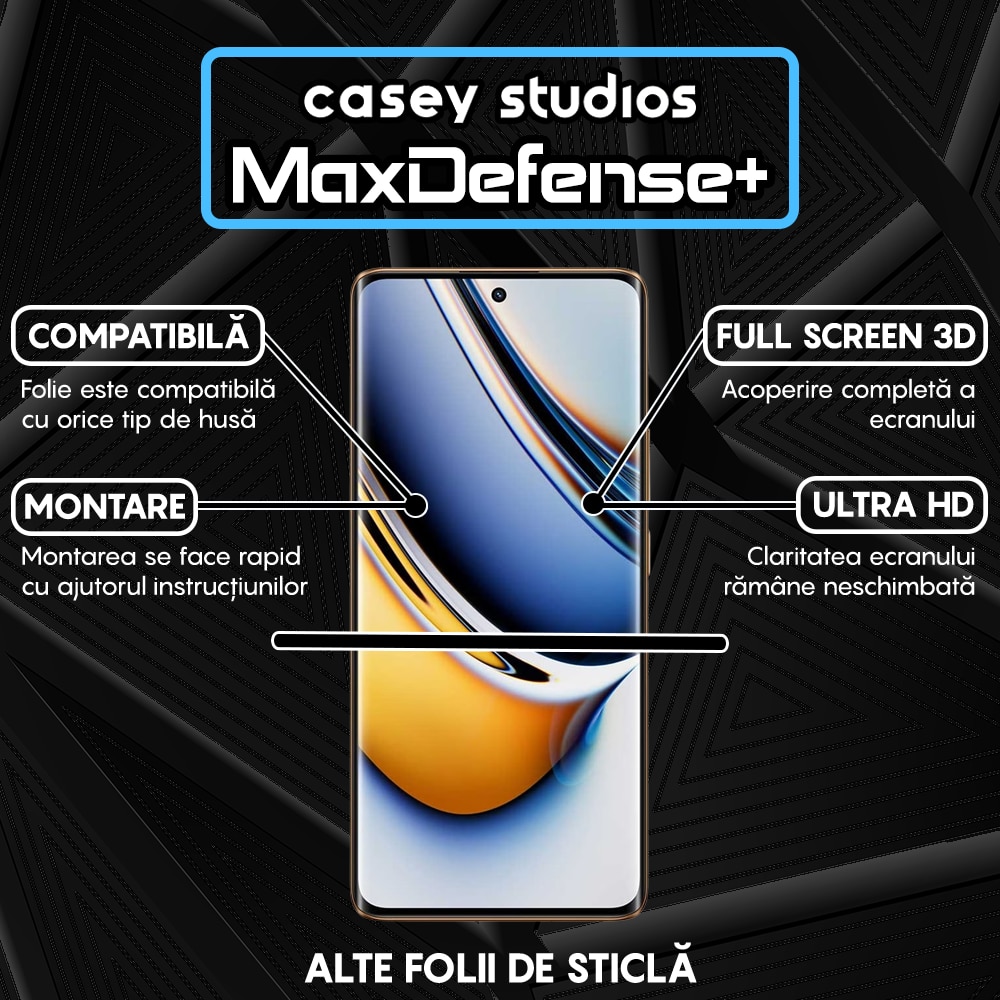 Folie Sticla CASEY STUDIOS™ compatibila cu Realme 11 Pro, Full Cover 3D, Full Glue, Duritate Militara, Ultra HD, Anti Zgarieturi, Anti Amprente, Anti Socuri, Margini Negre