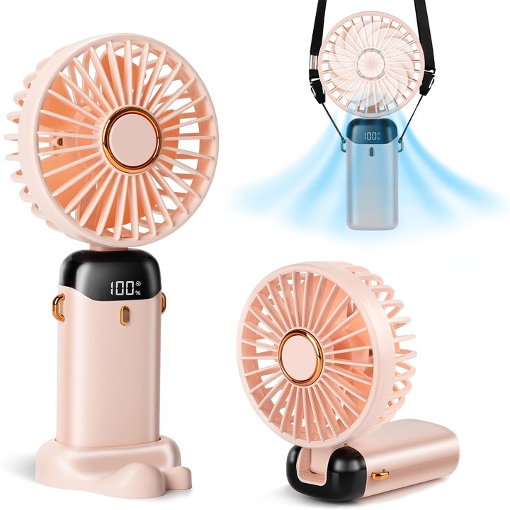 Ventilator portabil 4 in 1, ecran LCD, De Mana, De Birou, De Gat, 5 Trepte de Viteza, USB Type-C, pentru calatorii.(roz)