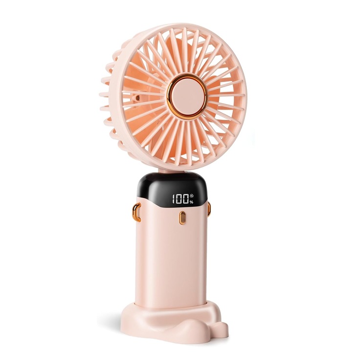 Вентилатор 4 в 1, преносим, литиева батерия 2400mAh, LCD екран, 5 скорости, розов, за пътуване