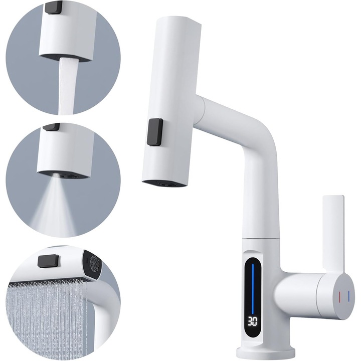 Konyhai csaptelep, WALALLA, fehér, kihúzható zuhanyfejjel, mosogatóra szerelhető, 360°-ban forgatható