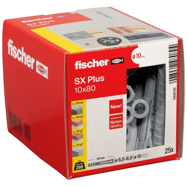 Set 25 dibluri Fischer, nylon, gri, 10 mm
