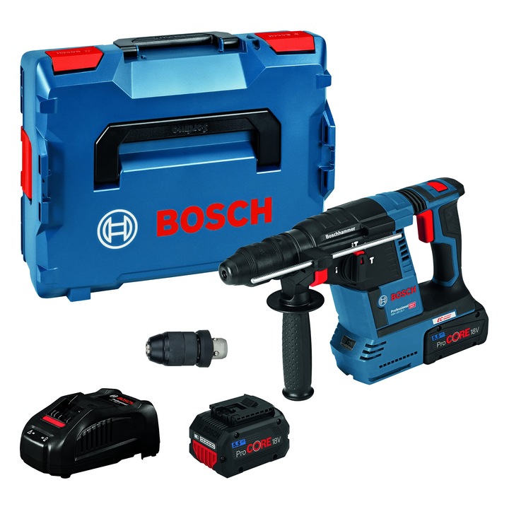Ciocan rotopercutor, Bosch GBH 18V-26 F, 2,6 J, 18 V, set cu acumulator GDE 18V-16 si geanta depozitare