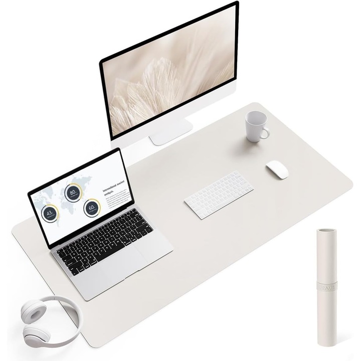 Mousepad YSAGi, multifunctional, 90x43 cm, impermeabil, piele ecologica, baza antiderapanta din piele intoarsa, culoare gri