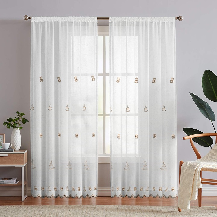 Комплект ленени завеси с бродерия на чаша за кафе и памучен волан с форма на пчелна пита, Таяна, 150x245 см, бял, 2 бр.