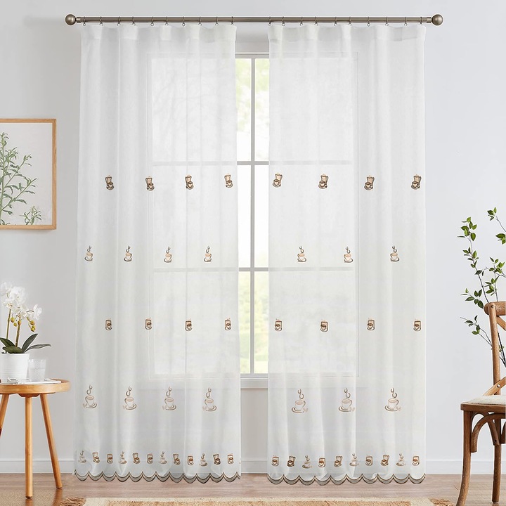 Комплект ленени завеси с бродерия на чаша за кафе и прозрачен корниз с конец за галерия, Таяна, 400x245 см, бял, 2 бр.