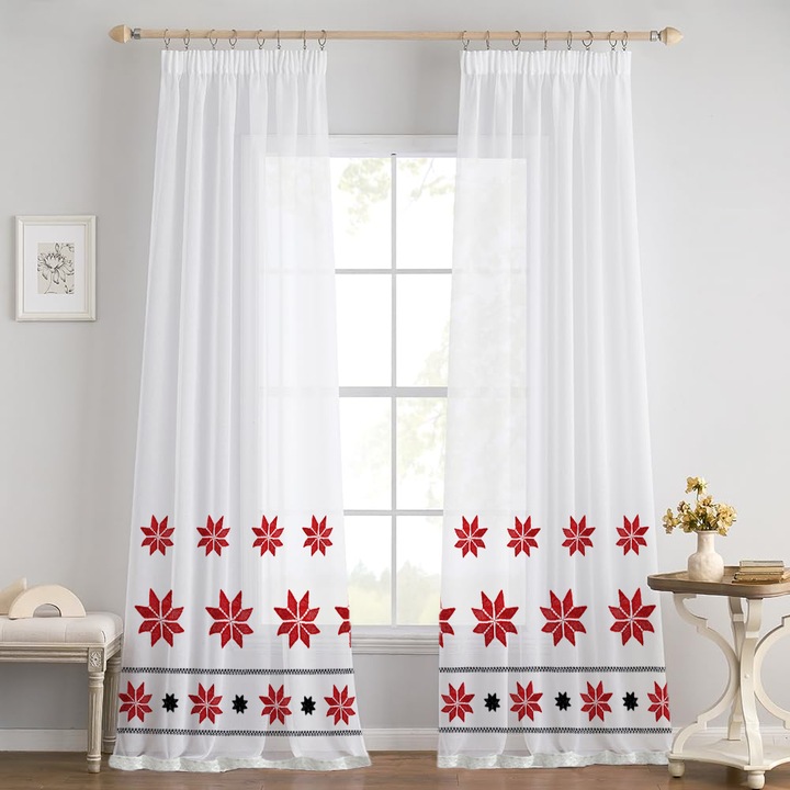 Perdea brodată Eleonora, negru și roșu, rejansă, 300x265cm, alb