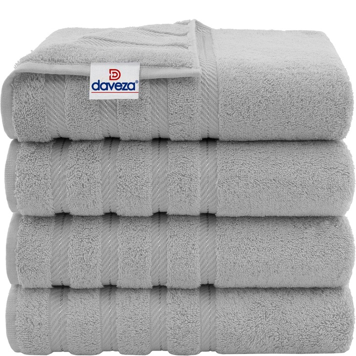 Set 4 Prosoape Premium Daveza, 600 GSM, 4 Prosoape de Baie 70x140 cm, 100% Bumbac Turcesc, Set Prosoape Gri Deschis