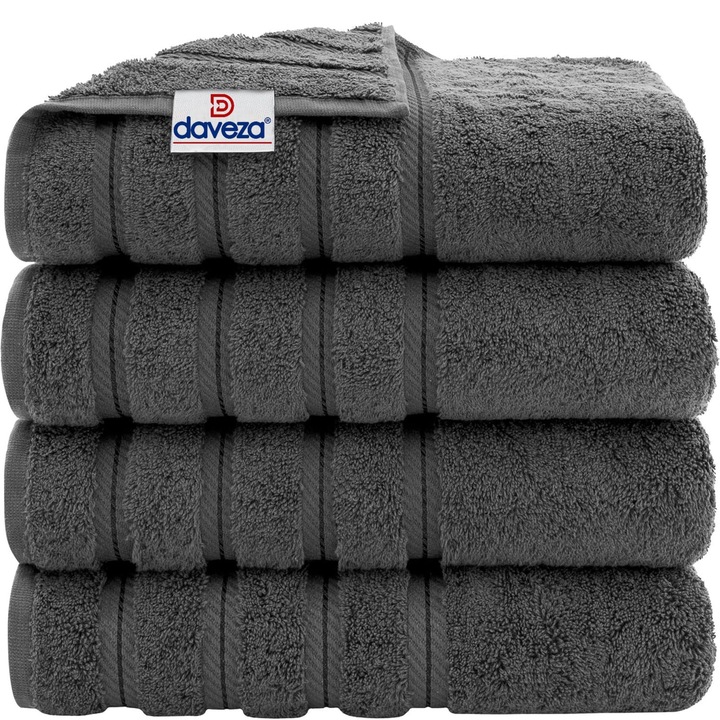 Set 4 Prosoape Premium Daveza, 600 GSM, 4 Prosoape de Baie 70x140 cm, 100% Bumbac Turcesc, Set Prosoape Gri Inchis