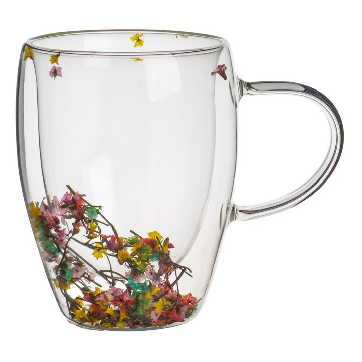 Cana cu pereti dubli, Shopiens,, Flori Uscate Colorate, Sticla, 350ml, Transparent