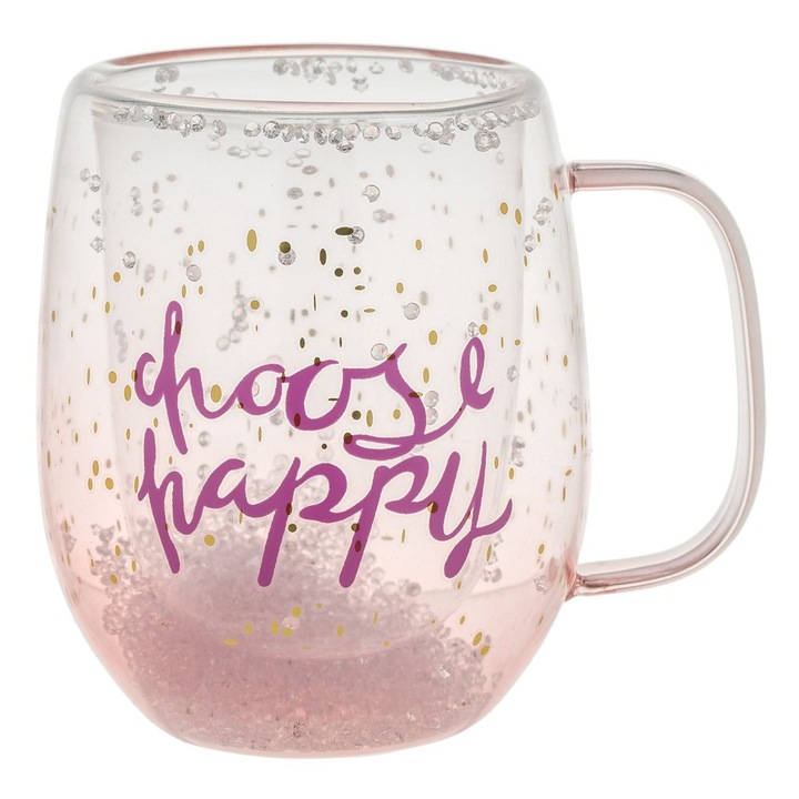 Cana Sticla Cu Perete Dublu Si Strass Choose Happy 350ml Transparenta Mov
