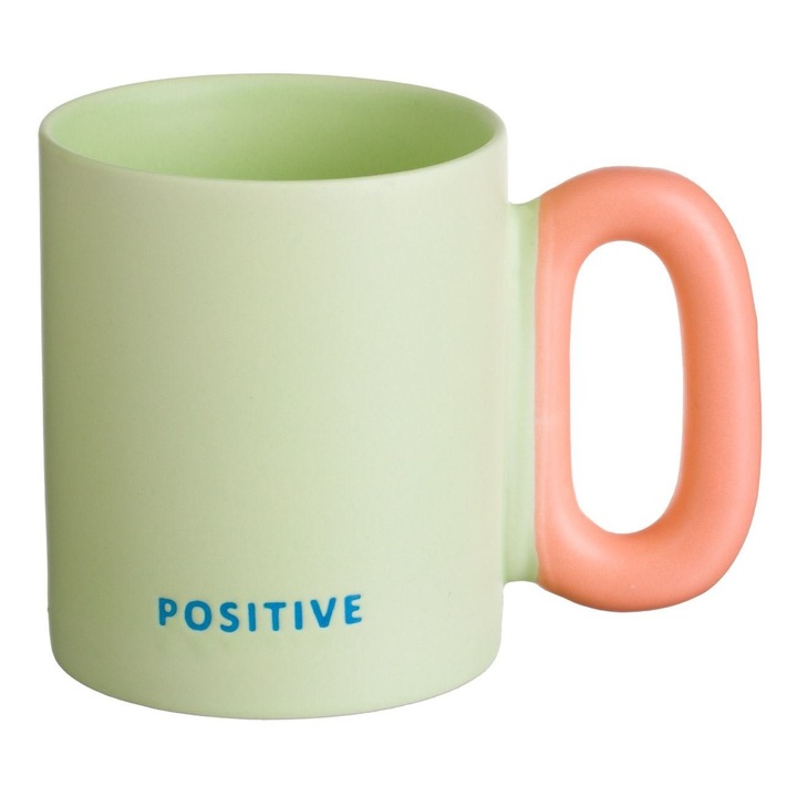Cana Ceramica 360ml Verde Pastel Cu Maner Portocaliu Si Mesaj Positive