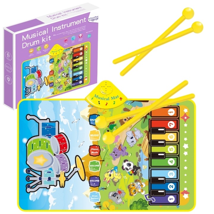 Covoras muzical interactiv Woopie 2in1 pian si tobe animale multicolor 60x40cm