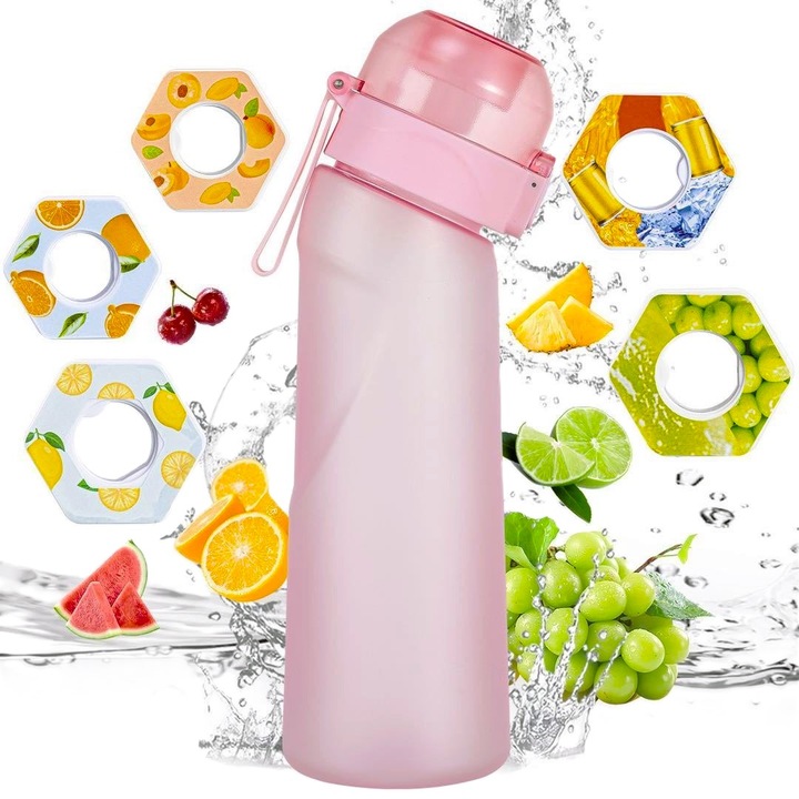 Sticla de apa portabila cu aroma capsule 0 Calorii si Aditivi 0 Zahar, bidon de apa cu maner durabila 650 ml BPA Free, sticla de baut pentru hidratare sport, ideala pentru motivatie activitati, sticla apa transparenta rezistenta fitness sala roz