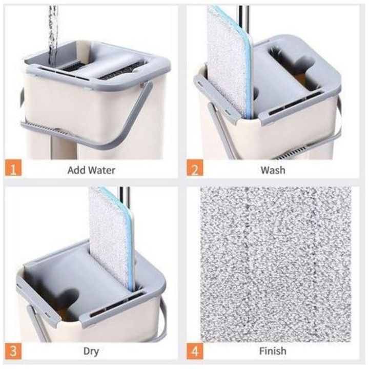 Set de curatenie Leski, mop si galeata, galeata 6 l, 2 rezerve microfibra incluse, design modern, pentru interior, material plastic, peri sintetici, plat, cu storcere, bej