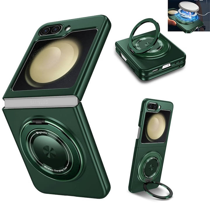 Husa de telefon pentru Samsung Galaxy Z Flip 6, suport rotativ la 360° si functie de aspirare magnetica, verde