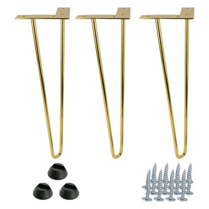 Set 3 picioare de mobilier Hairpin, auriu lucios, inaltime 41 cm, 2 bare