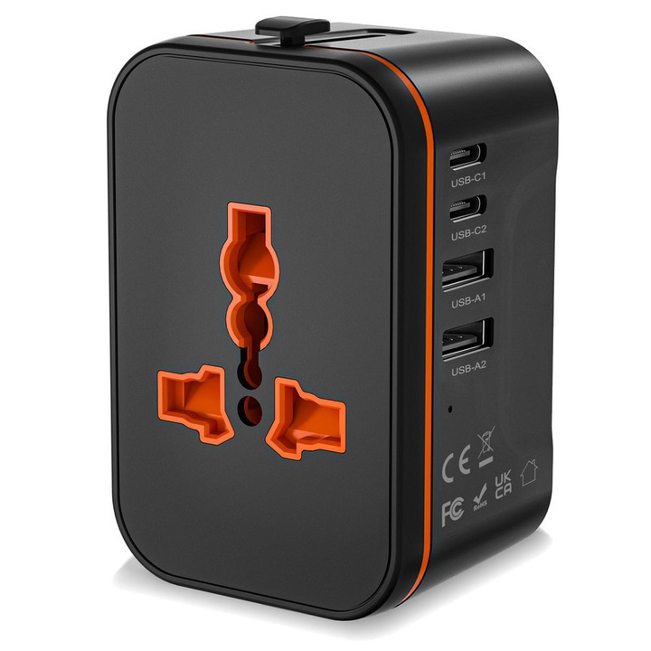 Универсален адаптер за пътуване с 2 USB-A и 2 USB-C порта, AC контакт, компактен, 7.5x4.9x3.9 см