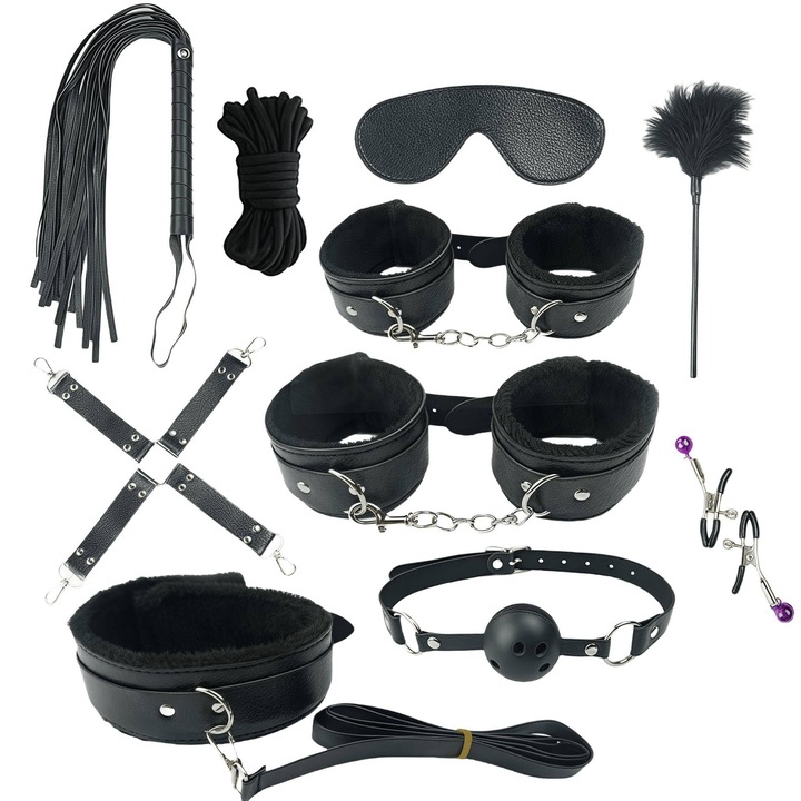 Set de 10 piese pentru bondage, accesorii BDSM, catuse, bici, zgarda, franghie, mansete din pene, negru