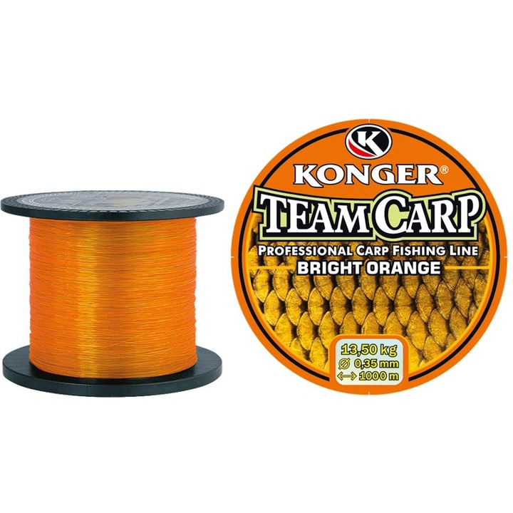 Fir monofilament Konger Team Carp Orange, portocaliu aprins, 600m, 0.28mm, rezistenta 10kg, pentru pescuit la crap