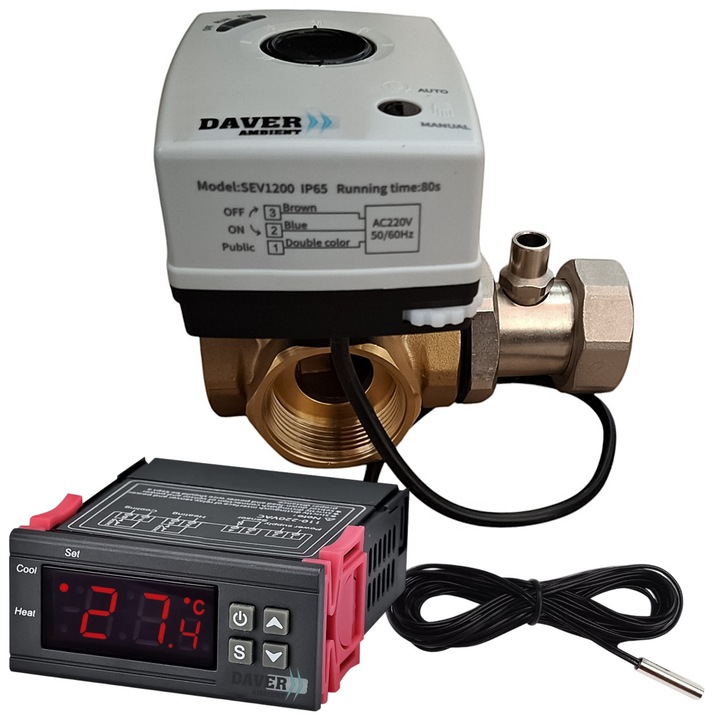 3-utas keverőszelep 1.1/4" 220V/50Hz motorral és elektronikus hőmérsékletszabályozóval, külső NTC érzékelővel, fűtésre / hűtésre, Daver