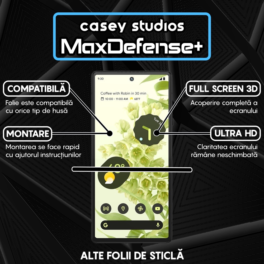 Folie Sticla CASEY STUDIOS™ compatibila cu Google Pixel 6, Full Cover 3D, Full Glue, Duritate Militara, Ultra HD, Anti Zgarieturi, Anti Socuri, Margini Negre