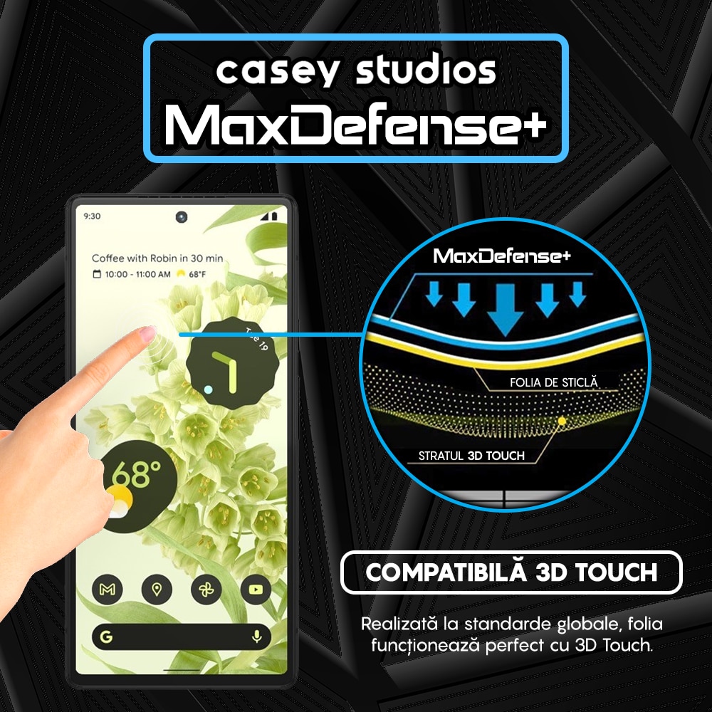 Folie Sticla CASEY STUDIOS™ compatibila cu Google Pixel 6, Full Cover 3D, Full Glue, Duritate Militara, Ultra HD, Anti Zgarieturi, Anti Socuri, Margini Negre