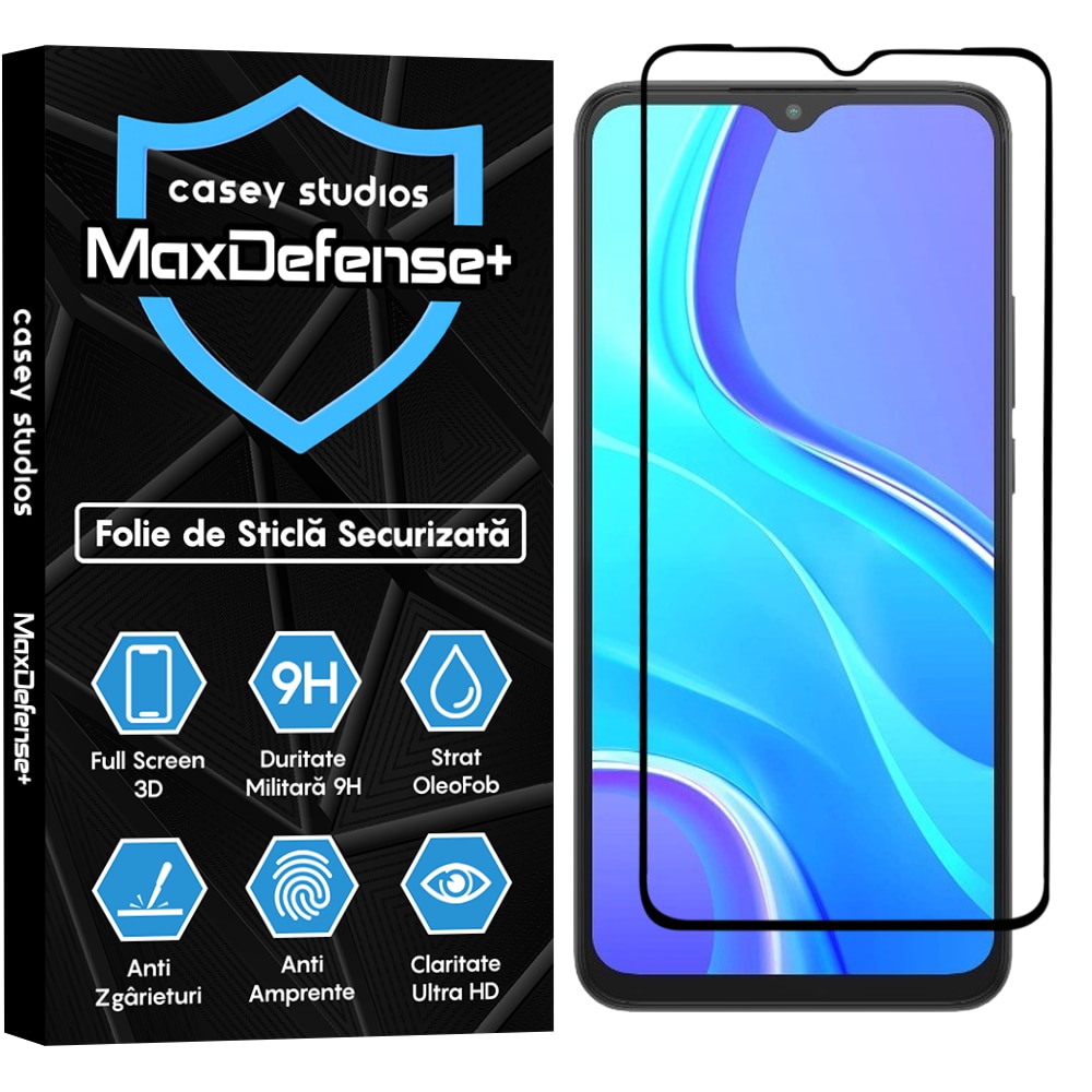 Folie Sticla CASEY STUDIOS™ compatibila cu Xiaomi Redmi 9, Full Cover 3D, Full Glue, Duritate Militara, Ultra HD, Anti Zgarieturi, Anti Socuri, Margini Negre