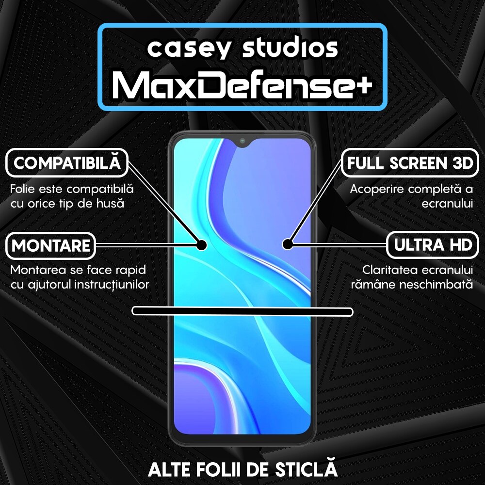 Folie Sticla CASEY STUDIOS™ compatibila cu Xiaomi Redmi 9, Full Cover 3D, Full Glue, Duritate Militara, Ultra HD, Anti Zgarieturi, Anti Socuri, Margini Negre