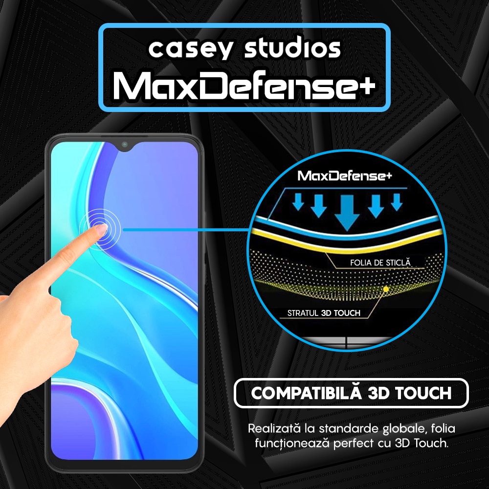 Folie Sticla CASEY STUDIOS™ compatibila cu Xiaomi Redmi 9, Full Cover 3D, Full Glue, Duritate Militara, Ultra HD, Anti Zgarieturi, Anti Socuri, Margini Negre