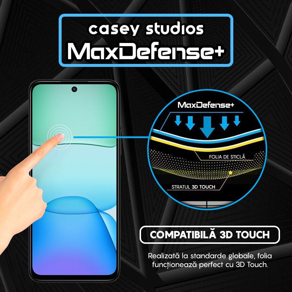 Folie Sticla CASEY STUDIOS™ compatibila cu Xiaomi Redmi 13, Full Cover 3D, Full Glue, Duritate Militara, Ultra HD, Anti Zgarieturi, Anti Amprente, Anti Socuri, Margini Negre