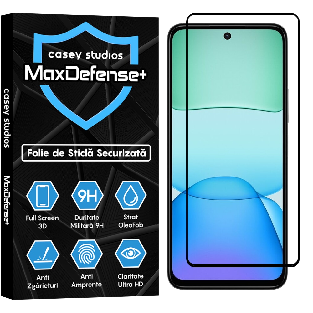 Folie Sticla CASEY STUDIOS™ compatibila cu Xiaomi Redmi 13, Full Cover 3D, Full Glue, Duritate Militara, Ultra HD, Anti Zgarieturi, Anti Amprente, Anti Socuri, Margini Negre