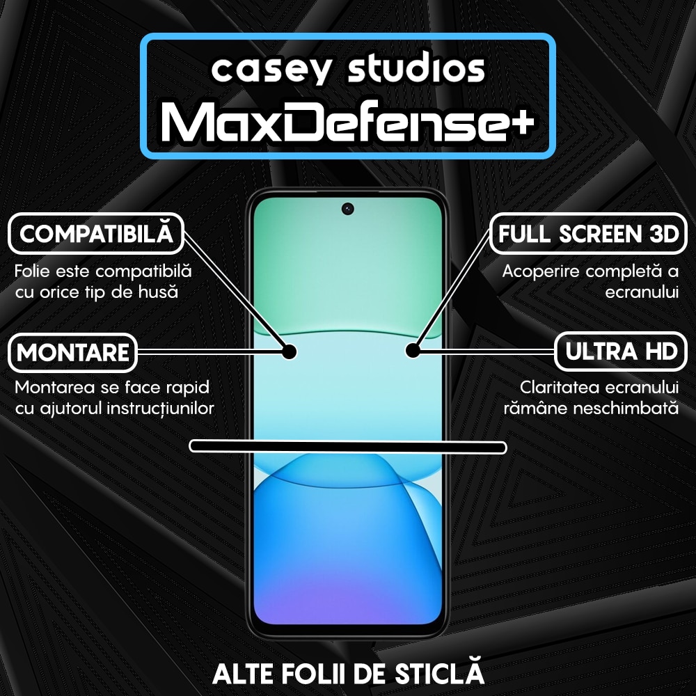 Folie Sticla CASEY STUDIOS™ compatibila cu Xiaomi Redmi 13, Full Cover 3D, Full Glue, Duritate Militara, Ultra HD, Anti Zgarieturi, Anti Amprente, Anti Socuri, Margini Negre