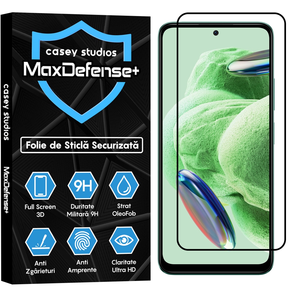 Folie Sticla CASEY STUDIOS™ compatibila cu Xiaomi Redmi Note 12 4G / Redmi Note 12 5G / Poco X5, Full Cover 3D, Full Glue, Duritate Militara, Ultra HD, Anti Zgarieturi, Anti Amprente, Margini Negre