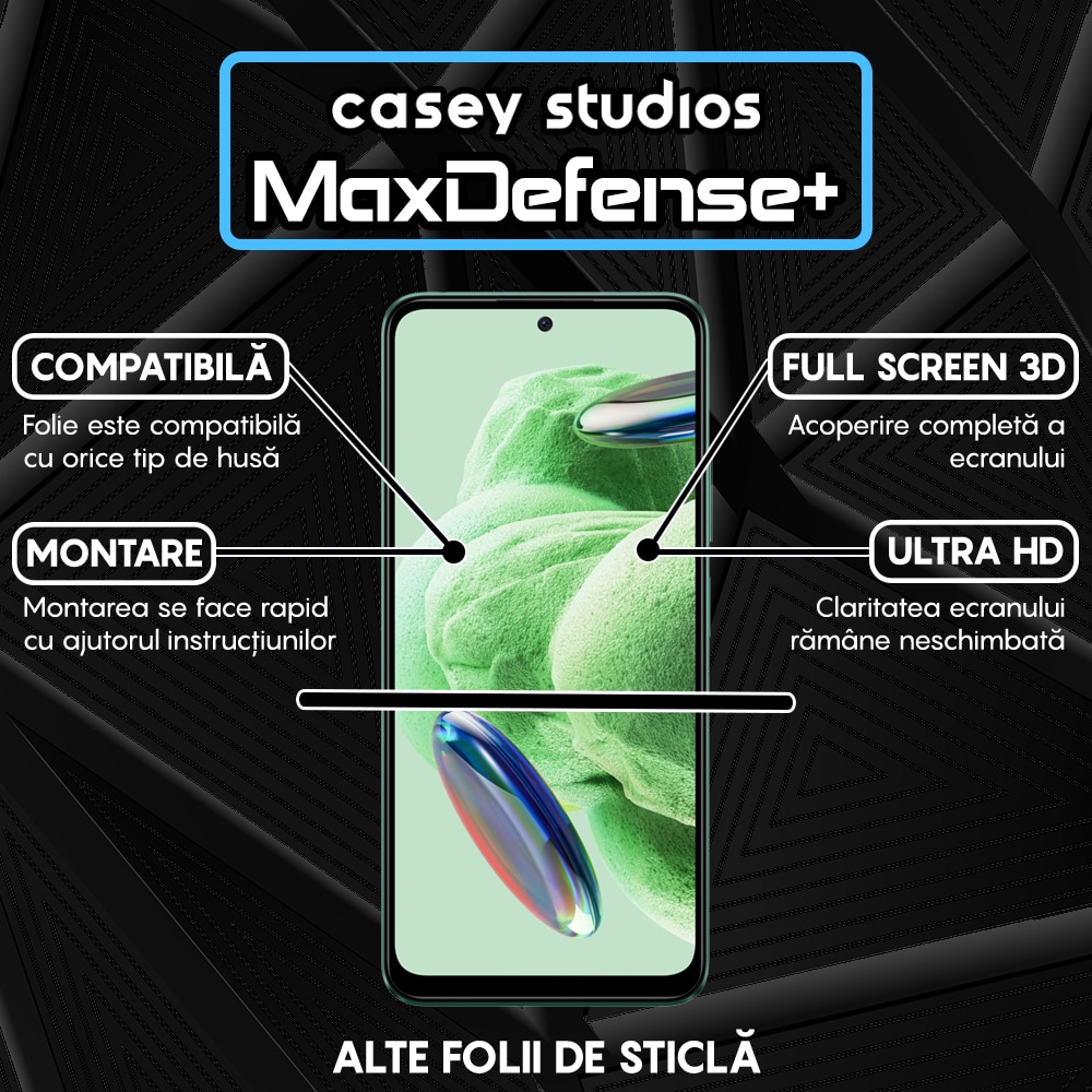 Folie Sticla CASEY STUDIOS™ compatibila cu Xiaomi Redmi Note 12 4G / Redmi Note 12 5G / Poco X5, Full Cover 3D, Full Glue, Duritate Militara, Ultra HD, Anti Zgarieturi, Anti Amprente, Margini Negre