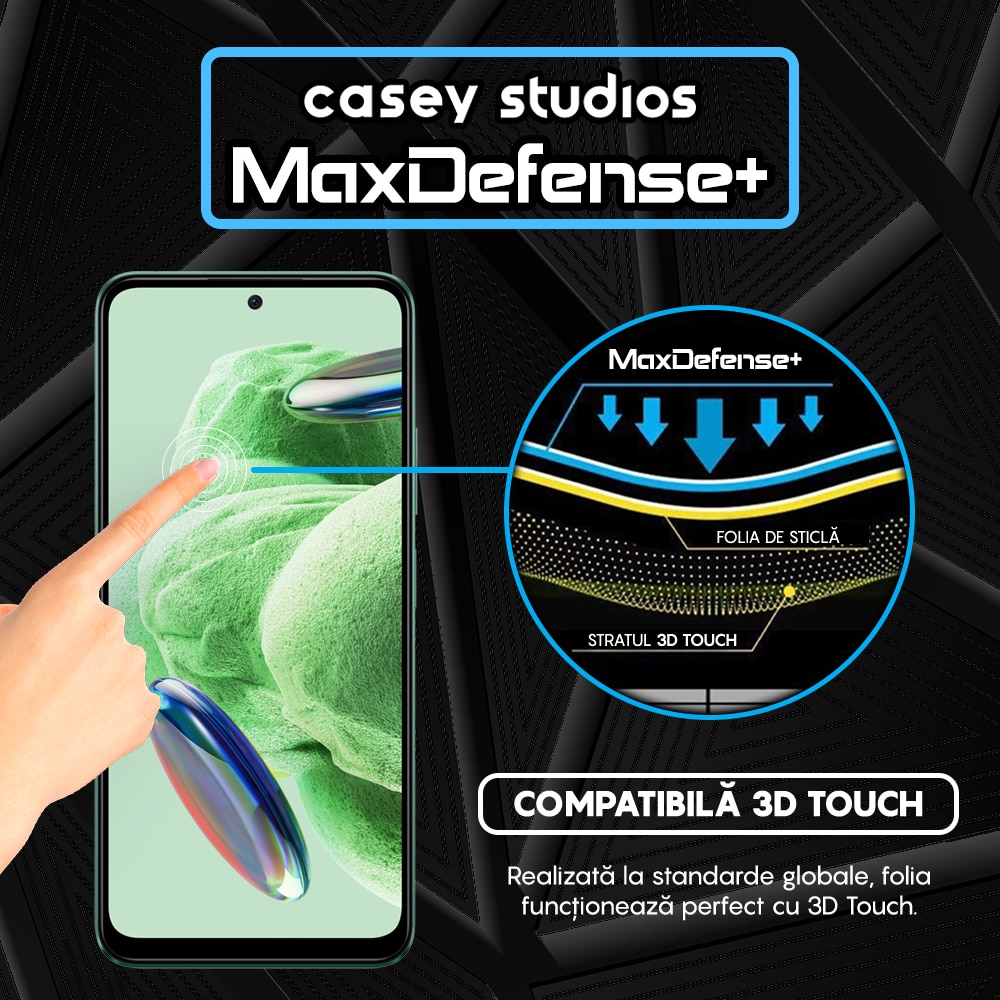 Folie Sticla CASEY STUDIOS™ compatibila cu Xiaomi Redmi Note 12 4G / Redmi Note 12 5G / Poco X5, Full Cover 3D, Full Glue, Duritate Militara, Ultra HD, Anti Zgarieturi, Anti Amprente, Margini Negre