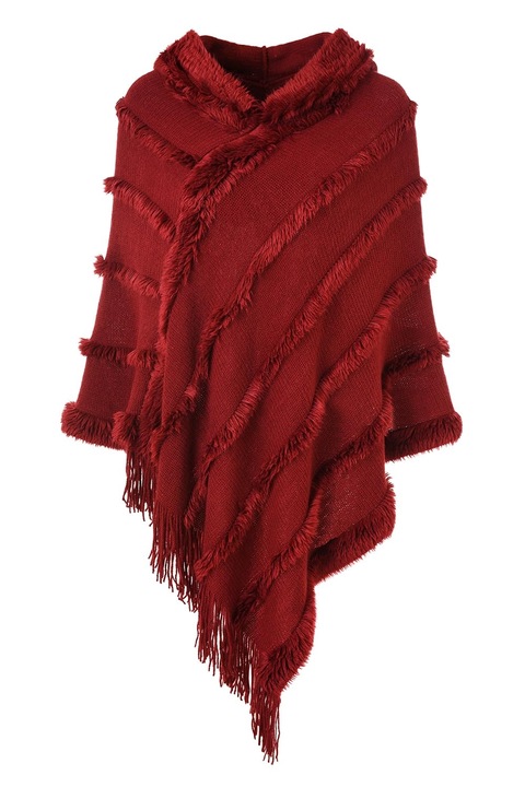 Poncho cu Gluga si Franjuri, elegant, sofisticat, pentru toate anotimpurile, Ferand, Rosu, One Size INTL