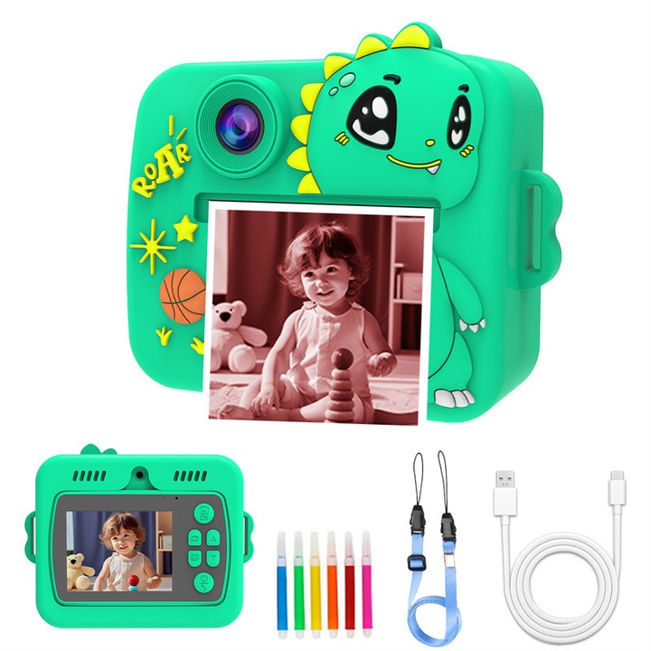 Детска камера с печат, VALA® 8K COLOR DINOZAUR, Двойна предна и задна камера с автофокус, 48Mpx, 2.4" LCD дисплей, 4 ролки 4-цветна термохартия, Цветни маркери, Самозалепващи стикери, Включени връзка за носене и кабел за зареждане, Зелена