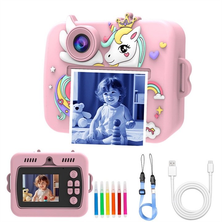 Детска камера с ЦВЕТЕН печат, VALA® 8K ЦВЕТЕН ЕДИНОРОГ, Двойна предна и задна камера с автофокус, 48Mpx, 2.4" LCD дисплей, 4 ролки 4-цветна термохартия, Цветни маркери, Самозалепващи стикери, Включени връзка за носене и кабел за зареждане, Розов